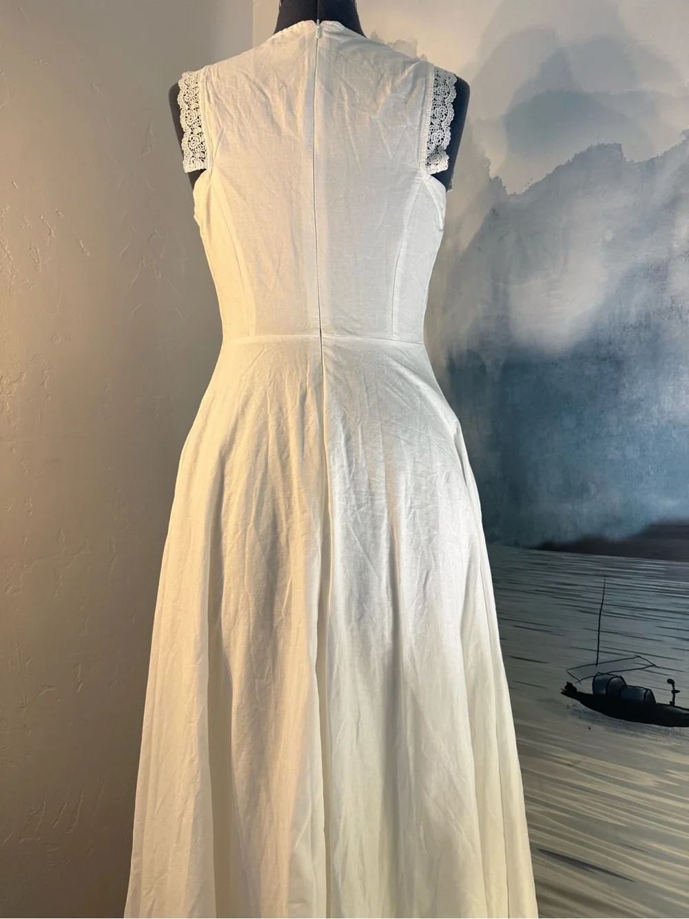 Sleeveless White Midi Dress with Lace-Trim Details #177